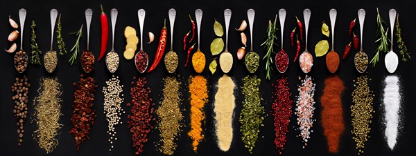 Various seasonings and herbs in spoons on dark background