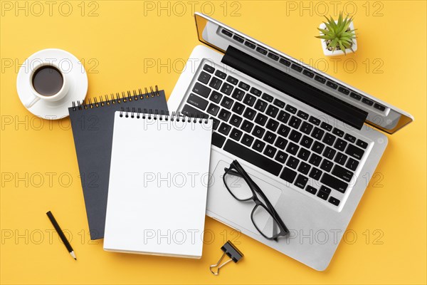 Top view office desk composition with notepad. Resolution and high quality beautiful photo