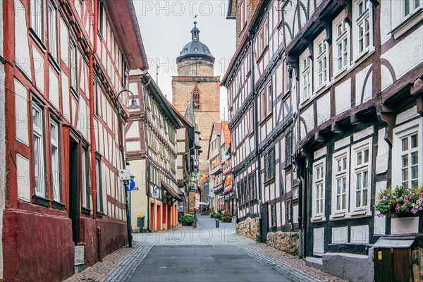 Obere Fulder Gasse with tower of the Walpurgiskirche and half-timbered houses