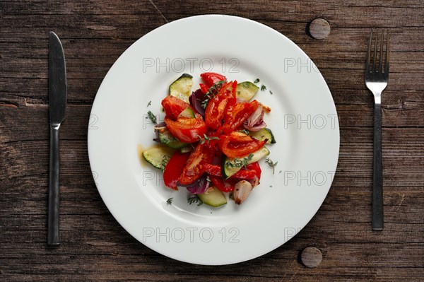 Grilled vegetables on white plate cutted on slices