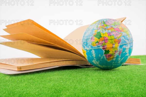 Globe near a notebook on green grass