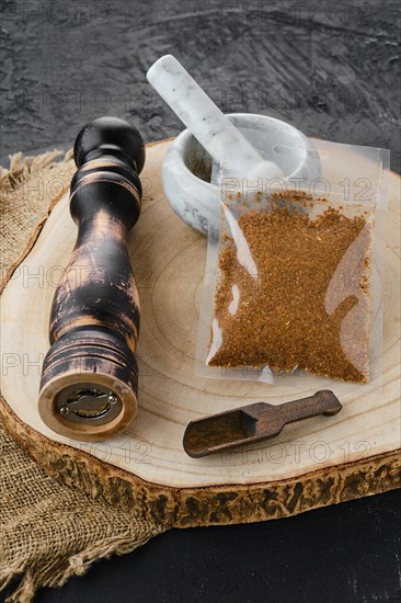 Mixture of different spices in plastic packaging