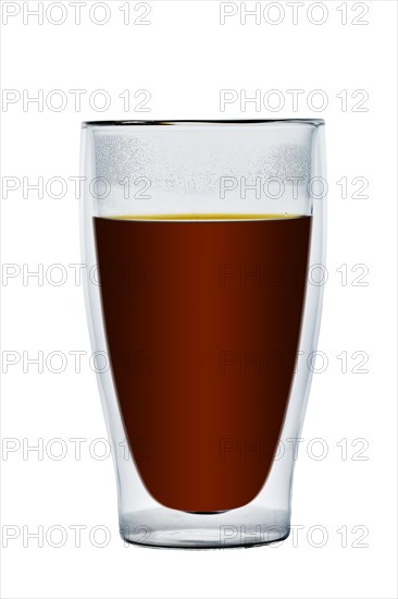 Double wall tall glass cup with hot coffee isolated on white background