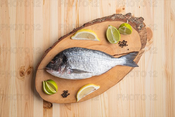 Fresh raw dorada on wooden cutting board