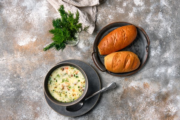 Top view of bowl with cheese and onion soup