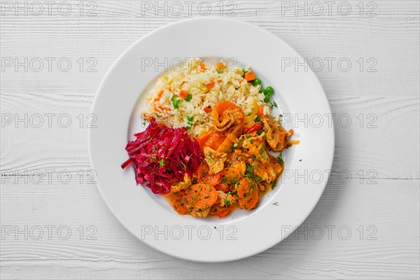 Top view of plate with beef goulash