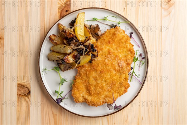 Tasty schnitzel in breading with fried potato