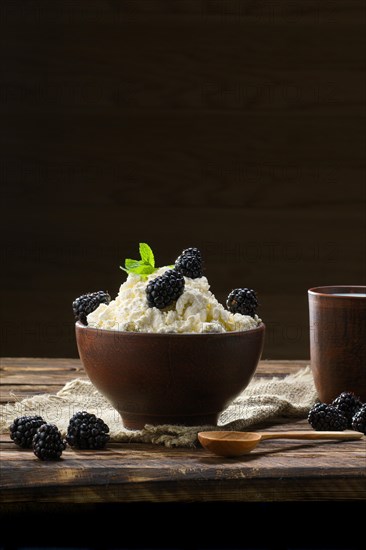 Dairy product cottage cheese and milk in brown ceramic bowl with spoon on wooden table