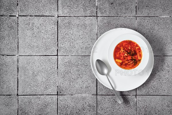 Overhead view of plate of soup with pulled beef and red bell pepper