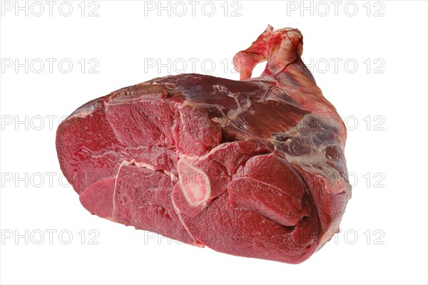 Top view of raw fresh young beef leg isolated on white background