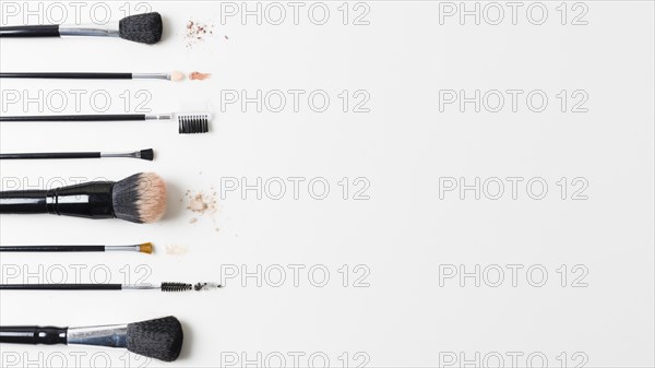 Different cosmetic brushes arranged white background