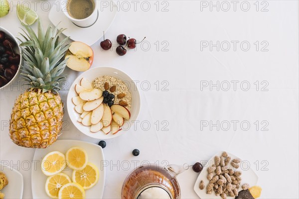 Elevated view fresh healthy breakfast white background