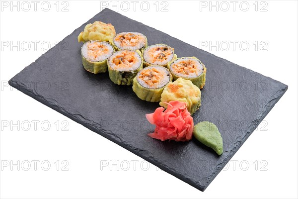 Bonito rolls with garnish isolated on white background