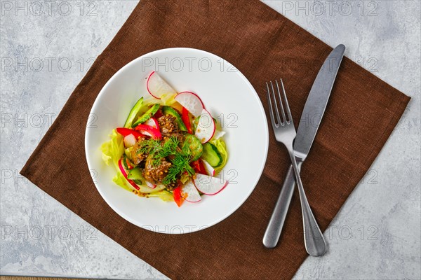 Top view of salad with beef liver