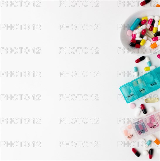 Copy space tablets with pills desk