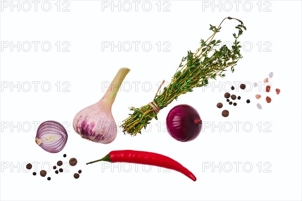 Top view of variety of spice isolated on white background. Garlic