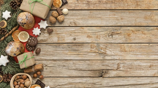 Flat lay festive christmas table arrangement with copy space