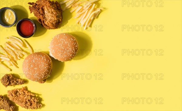 Top view fried chicken burgers fries with copy space. Resolution and high quality beautiful photo