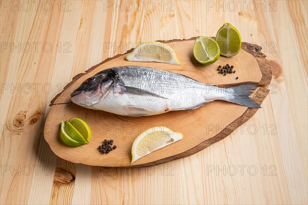 Fresh raw dorada on wooden cutting board