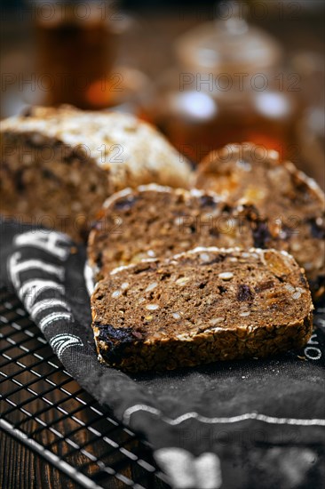 Close up view of artisan rye bread with dried apricots