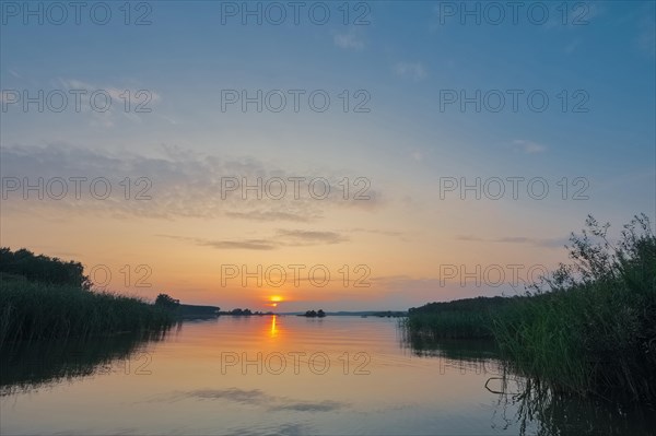 Sunset over the lake surrounder with reeds