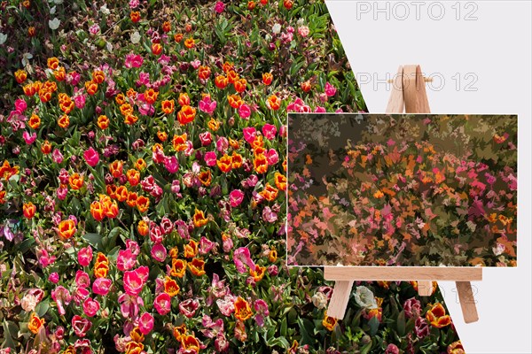 Flower garden view on a painting tripod on white background