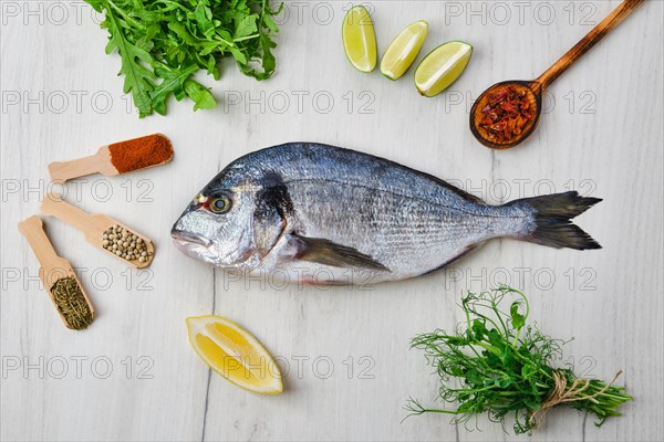 Dorada fish on the table with spice and herbs