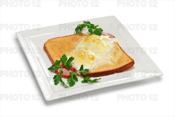 Layout for menu. Fried egg with ham on piece of bread