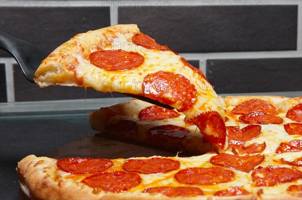Slice of pizza pepperoni on scapula