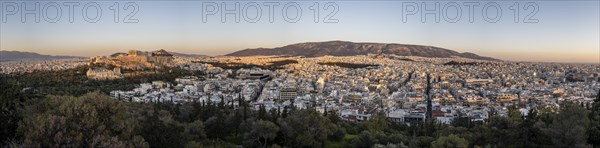 PanoramaView from Philopappos Hill over the city at sunset