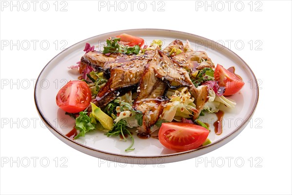 Salad with smoked eel with avocado and tomato