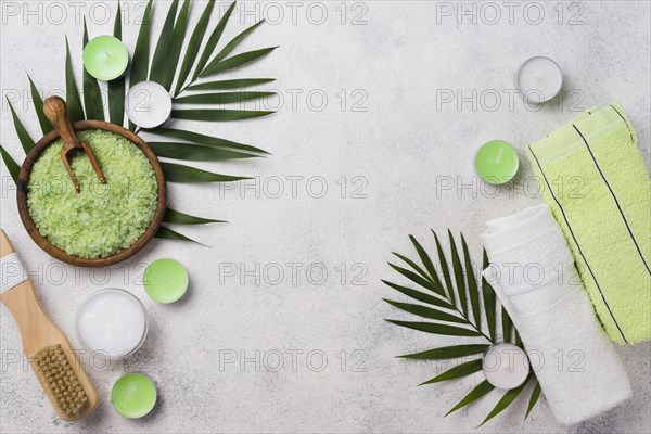 Top view spa towels with candles brush. Resolution and high quality beautiful photo