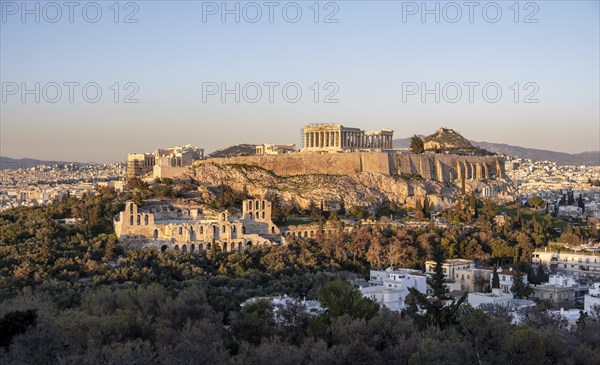 View from Philopappos Hill over the city at sunset