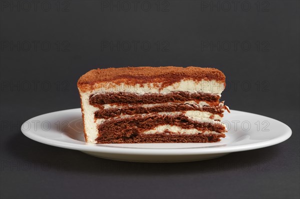 Side view of chocolate biscuit cake