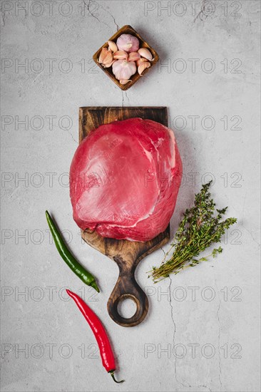 Top view of raw beef top round meat