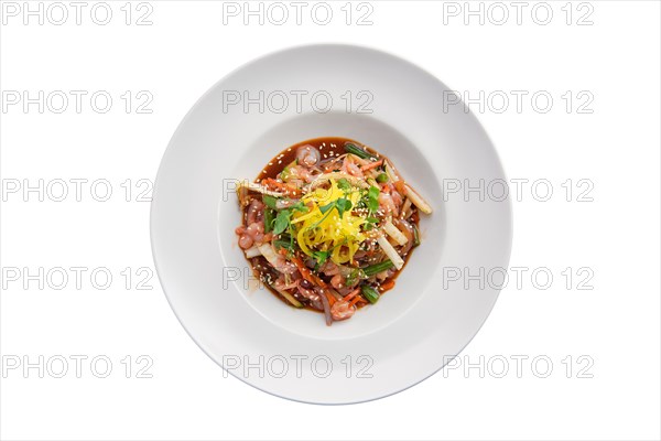 Wok with shrimps and green beans isolated on white background