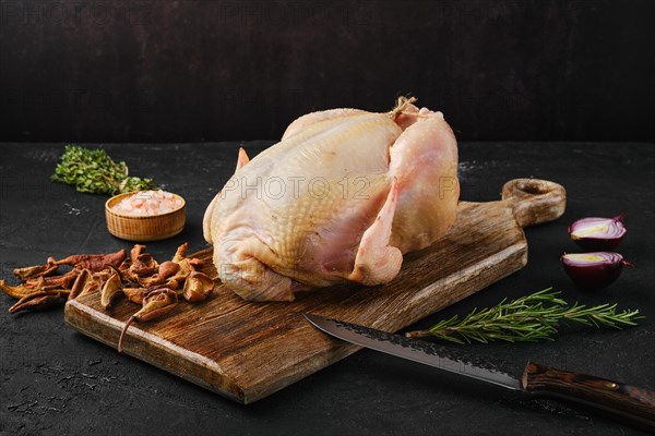 Raw whole broiler chicken with spices on wooden cutting board