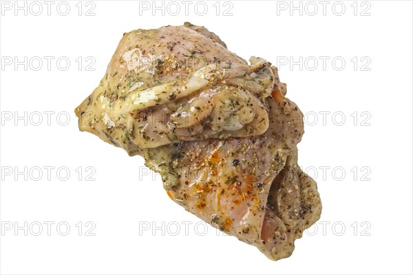 Raw piece of chicken with spice and sauce prepered for barbecue. Gastronomy template isolated on white background