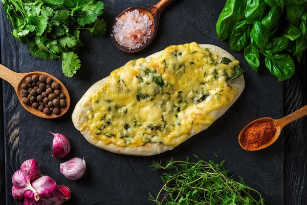 Tasty pita bread baked with herbs and spice surrounded with ingredients