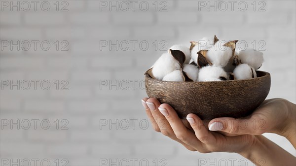 Close up hands holding bowl with cotton