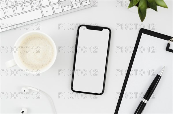 Top view smartphone template over workspace. Resolution and high quality beautiful photo