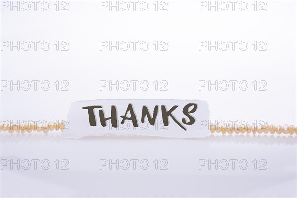 Thanks wording piece of paper placed on a white background