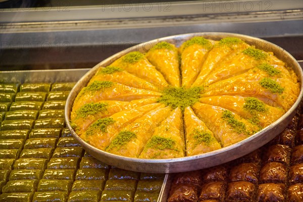 Turkish baklava in tray on display