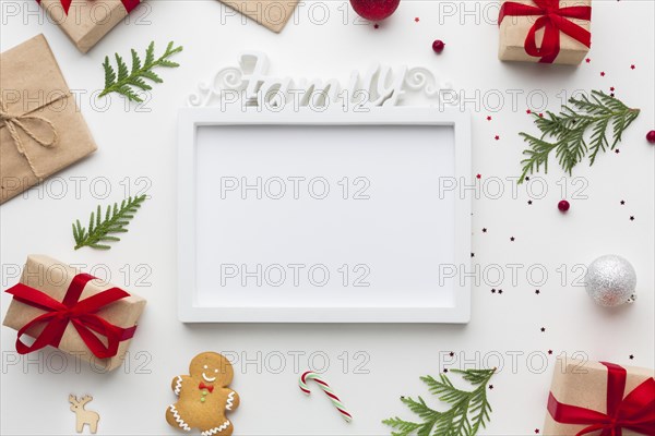 Top view frame on a table with mock up. Resolution and high quality beautiful photo