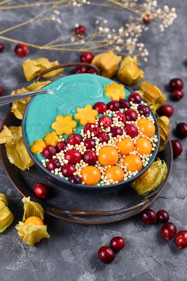 Fruit smoothie bowl with healthy natural green spirulina powder decorated with cranberries