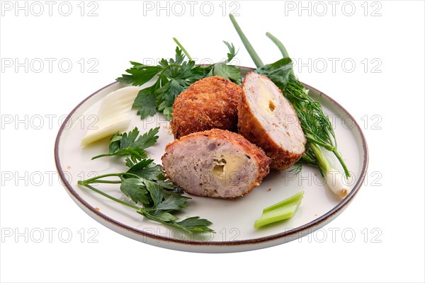 Baked cutlet stuffed with ham and cheese isolated on white background