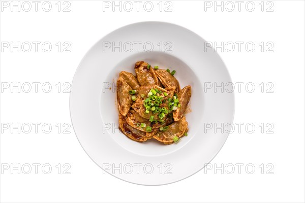 Deep-fried japanese gyoza or dumplings snack with soy sauce isolated on white background