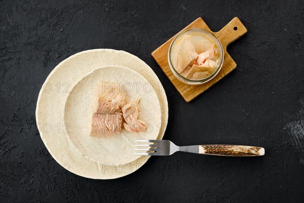 Top view of canned sea trout on a plate