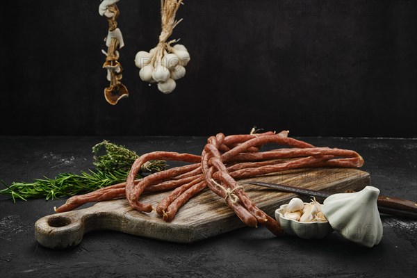 Long thin homemade beef sausages with garlic