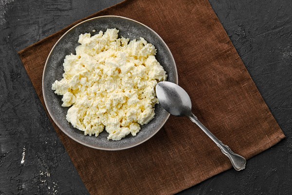 Top view of plate with homemade cottage cheese with spoon